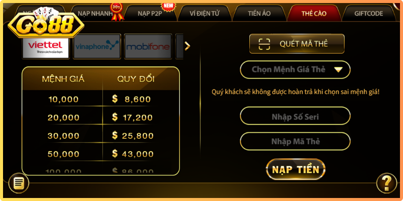 Các phương thức nạp tiền Go88 phổ biến, bảo mật an toàn 2026
