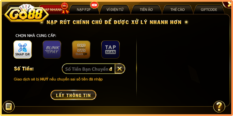 Các ưu điểm vượt trội khi thành viên giao dịch nạp tiền Go88